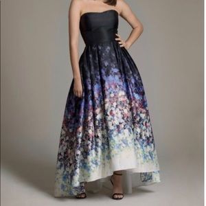 Betsy & Adam Floral Strapless Hi-Low Ballgown